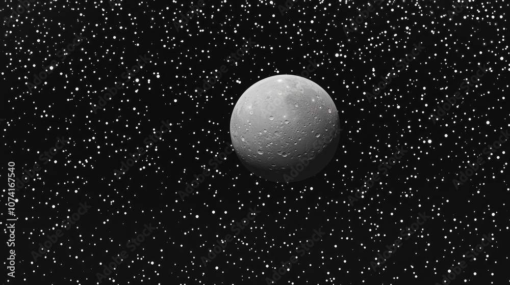 Poster gray moon and numerous stars on a black background in 3d cartoon rendering