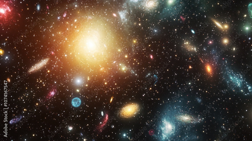 Poster cartoon style 3d rendering of a universe brimming with stars nebulae and galaxies