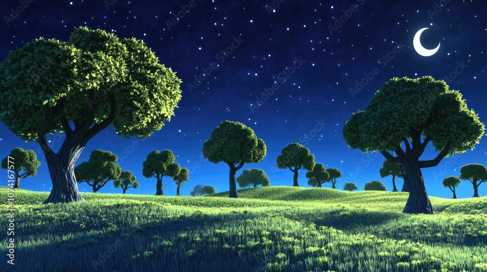 Aufkleber beautiful landscape in moonlight with 3d cartoon rendering of trees