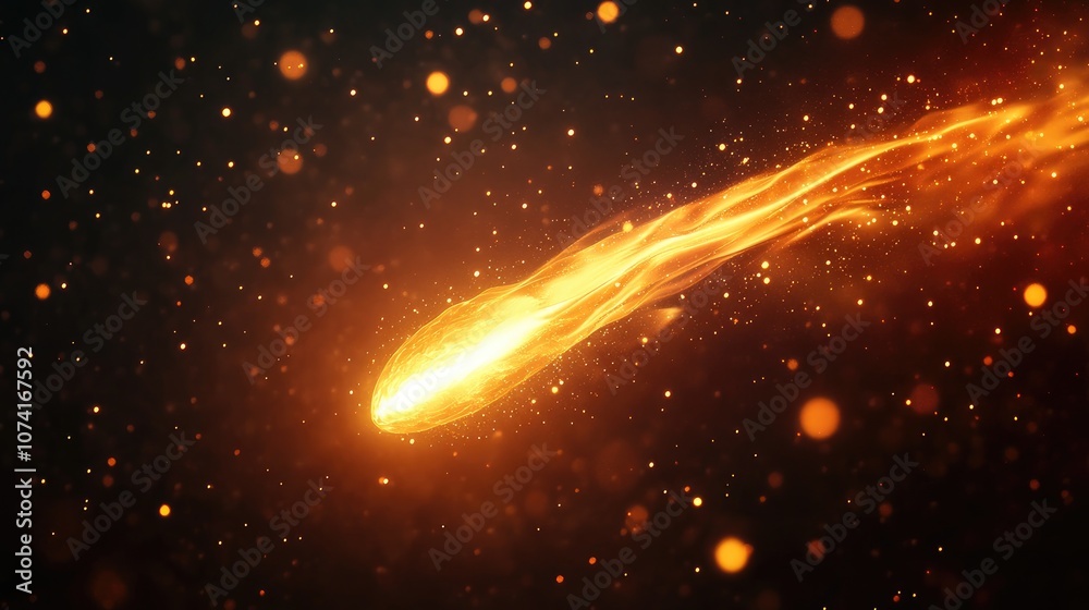 Poster Fire comet flying in 3D cartoon rendering featuring shining lights in motion alongside small particles and a plasma ring against a dark background Abstract design
