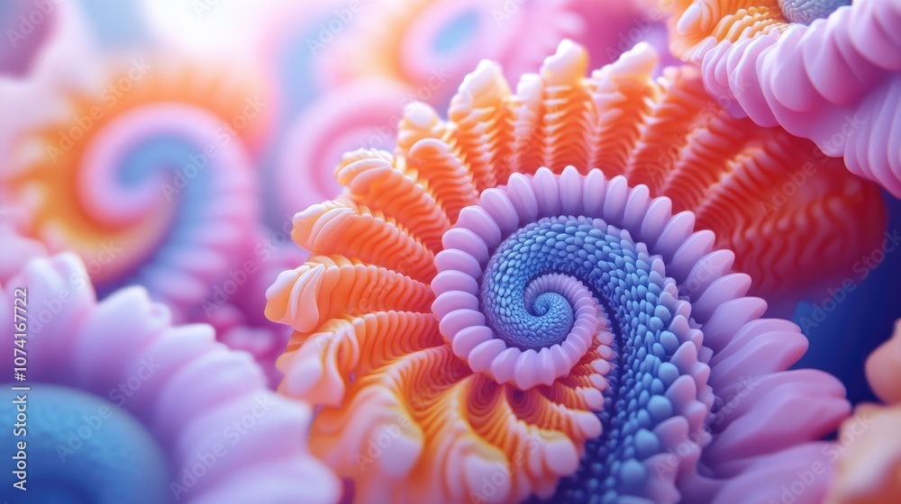 Aufkleber Abstract fractal patterns and shapes in a 3D cartoon rendering featuring flowers and spirals