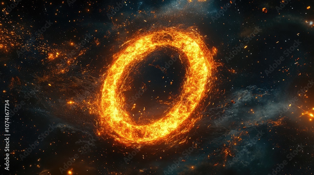Poster Abstract space wallpaper featuring a form of the letter O with sparks of light and ample copy space presented in a 3D cartoon rendering Grunge abstract backdrop