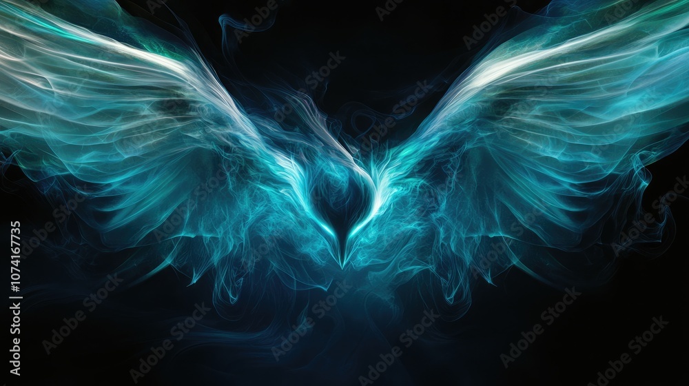 Aufkleber Abstract pattern of colored smoke backlit in blue and turquoise forms the head of a mystical creature with wings in a 3D cartoon rendering against a black isolated background symbolizing soul and 