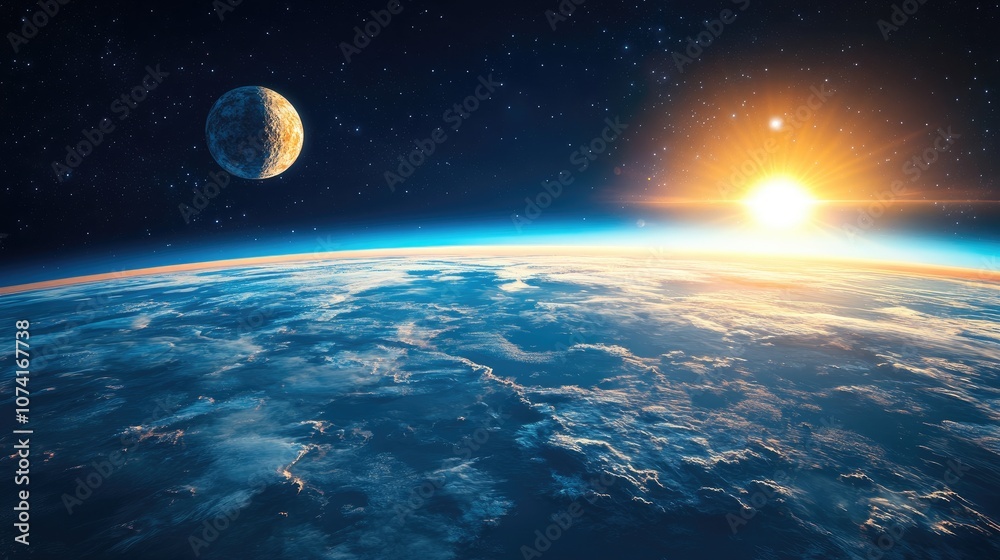 Poster earth viewed from space in a panoramic 3d cartoon rendering showcasing a sunrise and a distant moon