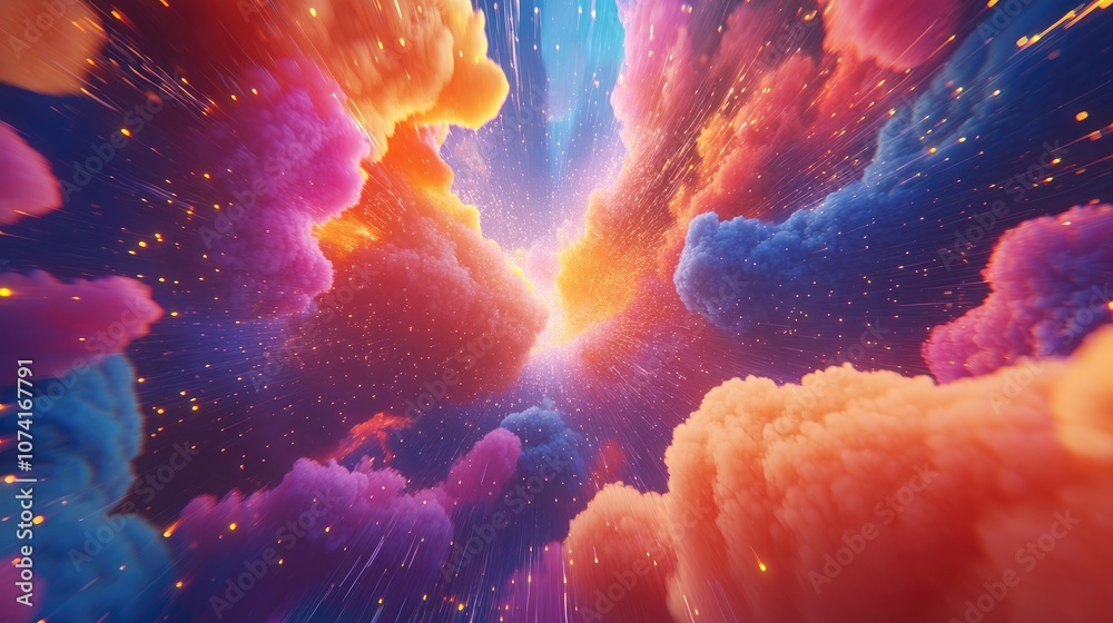 Aufkleber bright fractal paint bursts and lights in a 3d cartoon rendering representing creativity imagination