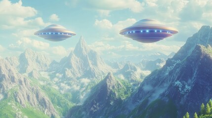 Fototapeta premium UFO and space saucer flying over high mountains in a summer landscape depicted in 3D cartoon rendering showcasing an extraterrestrial invasion
