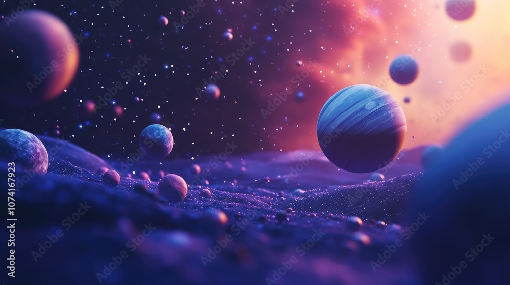 Poster 3d render showcasing the beauty of deep space with planets and stars in a cartoon style