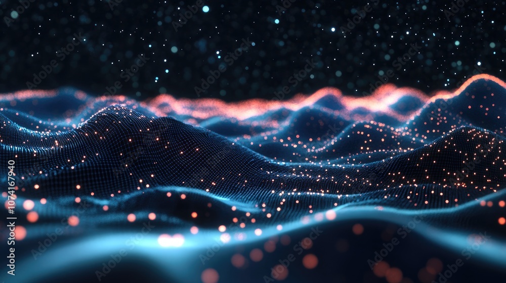 Aufkleber Abstract landscape in a 3D cartoon rendering features a dark background star horizon cyberspace grid and a hi tech network presenting a starry outer space texture in this 3D illustration