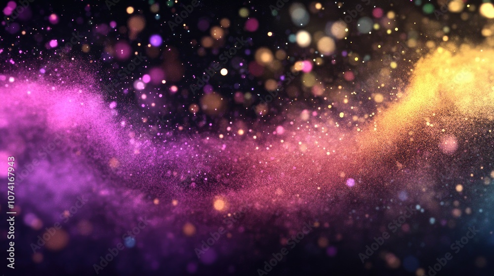 Poster Abstract powder splatted background in a 3D cartoon rendering capturing the freeze motion of color powder exploding and throwing color with a vibrant glitter texture against a black backdrop