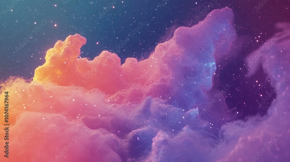 Poster Cartoon style 3D rendering featuring a nebula and stars in a colorful abstract space background
