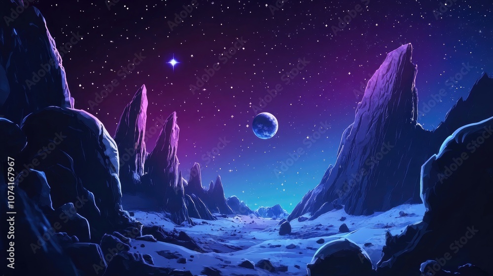 Aufkleber 2D illustration in a 3D cartoon rendering style Drawn in a cartoon style Deep interstellar space with stars planets and moons Various creative science fiction backdrops Imaginary cosmic scenery