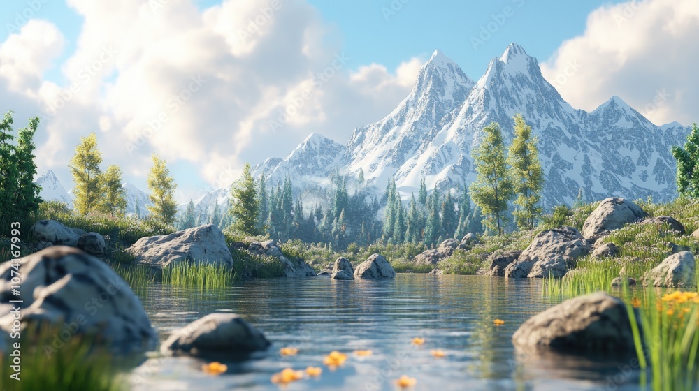 Aufkleber 3D generated mountain scene in a 3D cartoon rendering