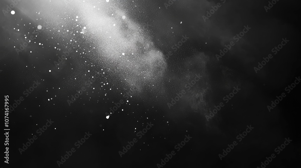 Poster freeze motion of white particles on a black background in a 3d cartoon rendering abstract powder exp