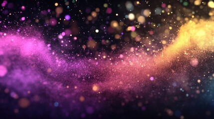 Abstract powder splatted background in a 3D cartoon rendering capturing the freeze motion of color powder exploding and throwing color with a vibrant glitter texture against a black backdrop