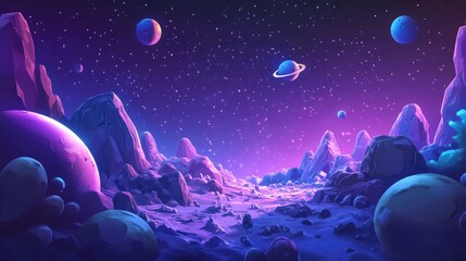 2D illustration in a 3D cartoon rendering style featuring a deep vast space with stars planets and moons A variety of imaginative science fiction backdrops and alien solar systems create a realist