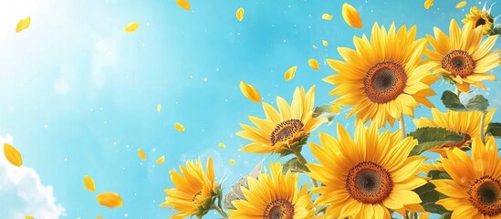 Sunflowers blooming in a blue sky with petals falling.