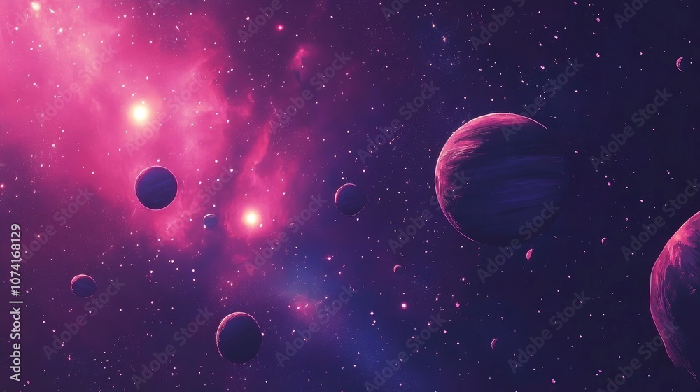 Aufkleber 2D illustration featuring a 3D cartoon rendering of a vast deep space scene Bright stars planets and moons create various science fiction inspired backdrops Space art showcasing alien solar system