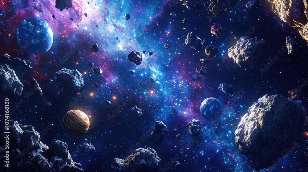 Poster 2d illustration featuring a 3d cartoon rendering of vast deep space with bright stars planets and mo