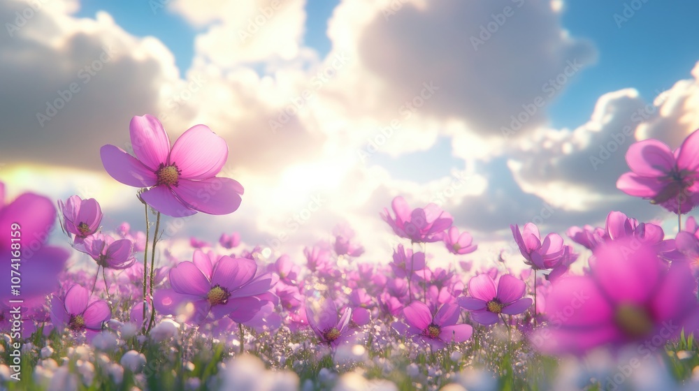 Poster Cosmos flower field with mockup and copy space in 3D cartoon rendering