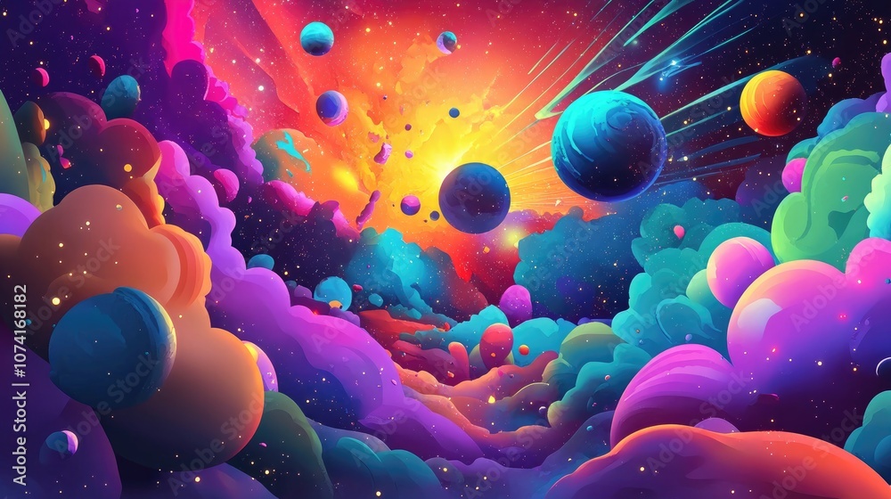 Aufkleber Spectacular multicolored illustration featuring particles and rays accompanied by abstract forms and planets depicting a science theme with an explosion of stars in space created through 3D cartoo
