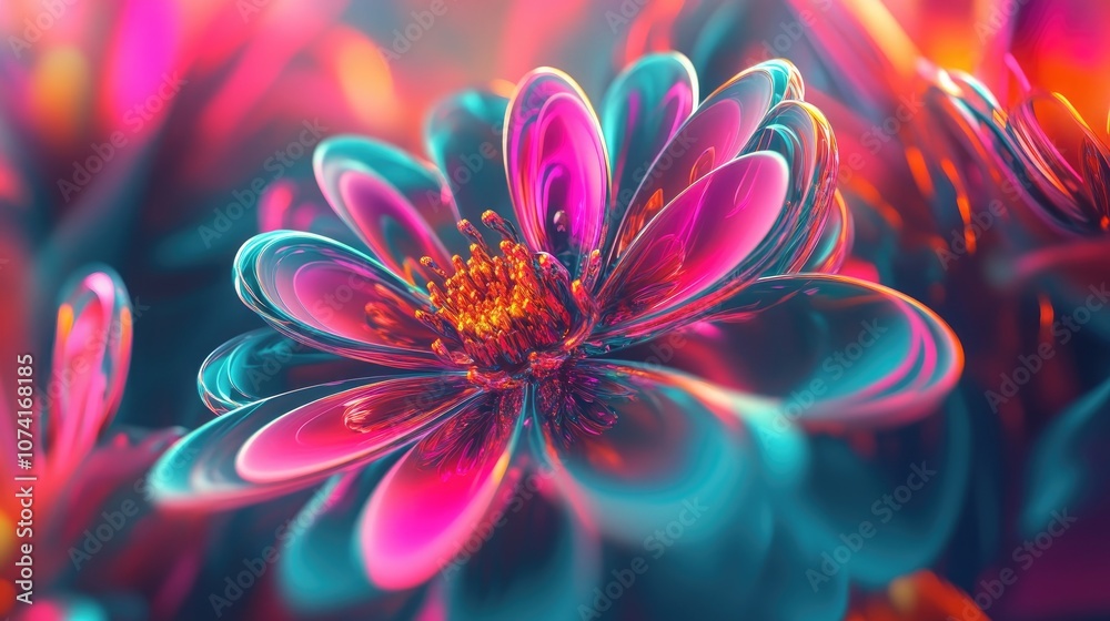 Poster beautiful abstract background with a 3d cartoon rendering colorful floral fractal art in a graphic m
