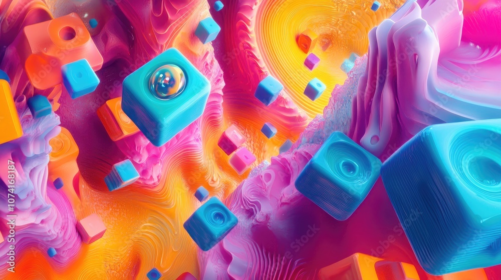 Aufkleber Extruded abstract fractal background featuring a 3D cartoon rendering Modern art painting with futuristic wavy fractal elements Trendy desktop wallpaper showcasing colorful 3D rendered cubes and s