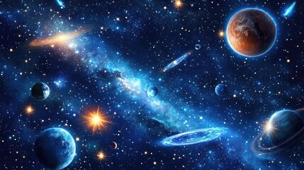 2D illustration in 3D cartoon rendering A realistic background featuring a star pattern in deep interstellar space with bright flashing stars planets and moons Various creative science fiction bac