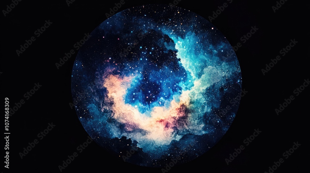 Aufkleber 3d cartoon depiction of a universe filled with stars nebula and galaxy watercolor in a circular form