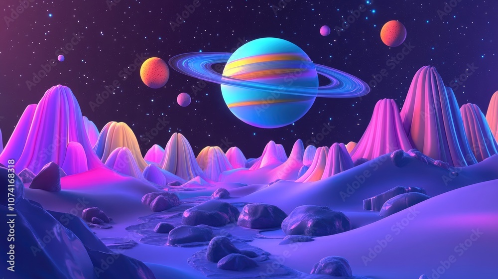 Poster alien planet in space 3d cartoon rendering