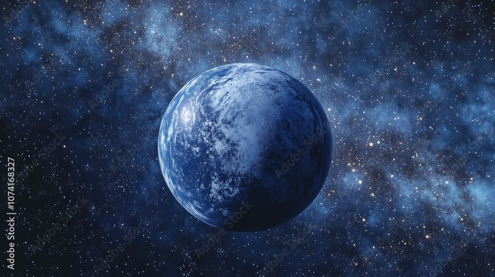 Poster 3d illustration of a cartoon rendering showcasing a blue planet against a backdrop of the galaxy and