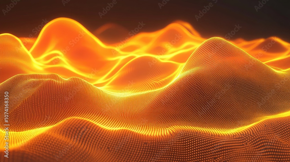 Poster futuristic magical glowing bright yellow and orange energy cosmic dust with wave lines in a 3d carto