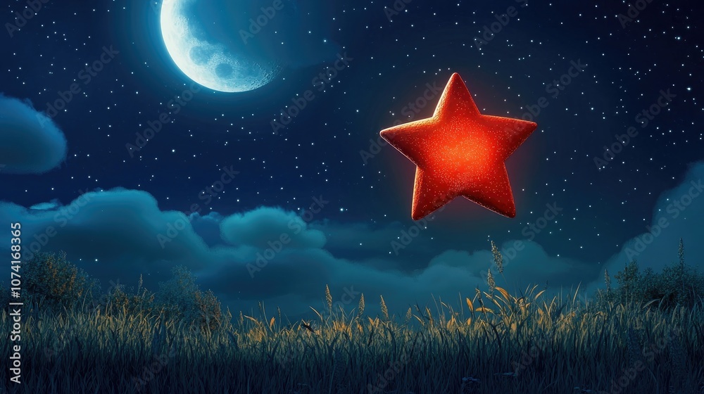 Aufkleber cartoon rendering in 3d of a red star against a night sky with a full moon