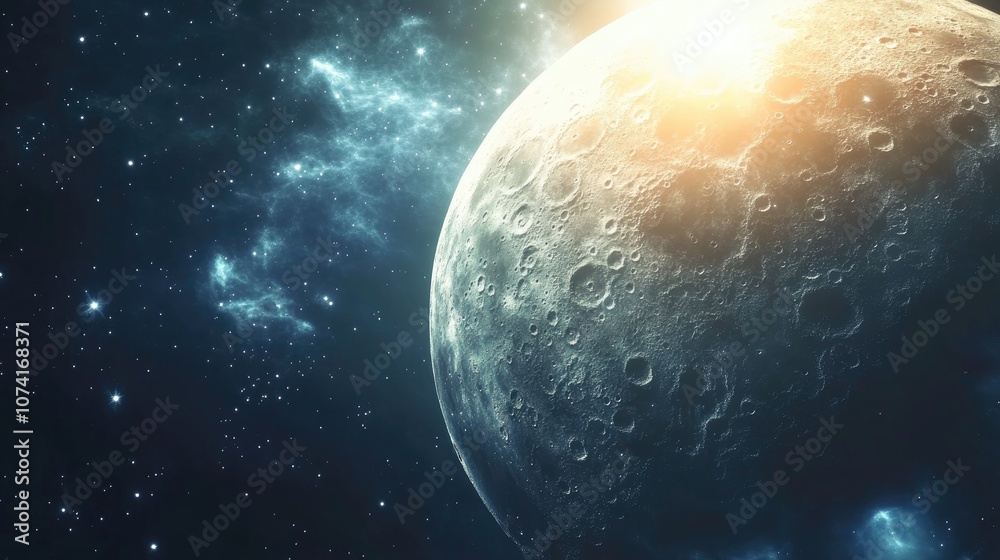 Poster artistic depiction of a fantasy moon in space created through 3d cartoon rendering beautiful illustr