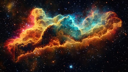 Fototapeta premium Science fiction illustration featuring a colorful nebula gas cloud in deep outer space with stars in the background rendered in 3D cartoon style