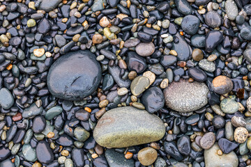 Colorful Pebble Beach on Vancouver Island West Coast