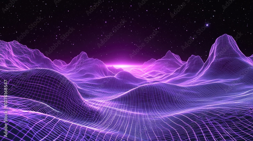 Aufkleber Abstract ultraviolet landscape in a dark background featuring a 3D cartoon rendering of a purple cyberspace grid and a hi tech network along with a violet starry outer space texture Vertical image
