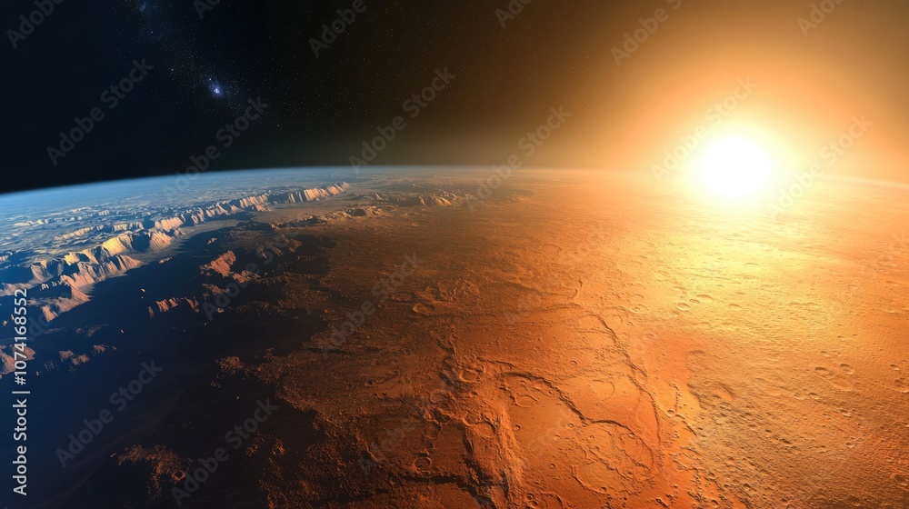 Poster 3D cartoon rendering featuring a panoramic view of Mars at sunset and sunrise showcasing the Martian surface in a banner format