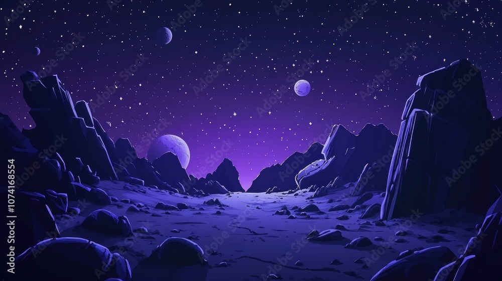 Poster 2d illustration featuring a cartoon background image deep interstellar space with stars planets and 