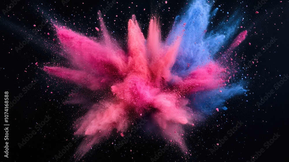 Poster Powder explosion isolated on a black background featuring a 3D cartoon rendering of abstract dust overlay texture and a clipping path top view