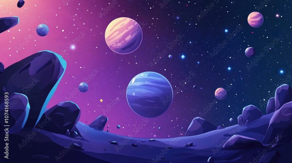 Poster 2d illustration of a 3d cartoon rendering cartoon image depicting deep interstellar space with stars
