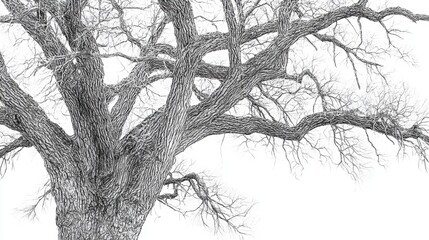 Fototapeta premium Realistic line art of a tree with bare branches, each line adding texture and depth on white