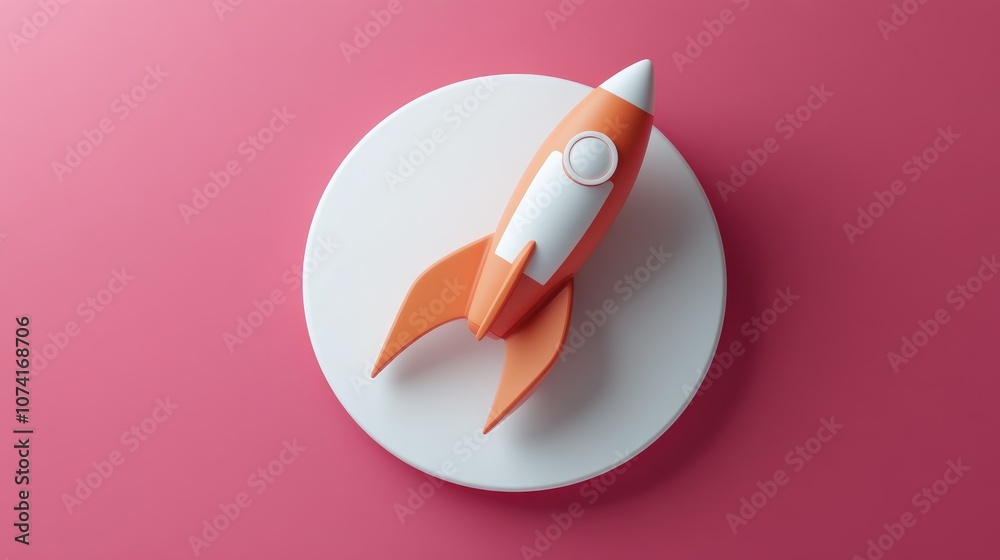 Poster Icon Rocket on a white circle with a long shadow in a 3D cartoon rendering