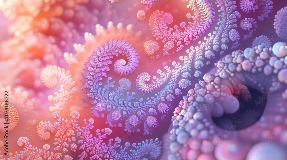 Poster Abstract fractal patterns and shapes in a 3D cartoon rendering Dynamic flowing natural forms featuring flowers and spirals A mysterious psychedelic relaxation pattern