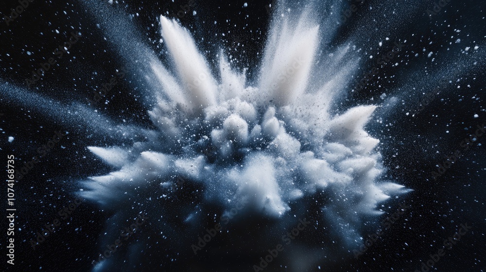 Poster White dust explosion in freeze motion on a black background featuring a 3D cartoon rendering of the explosive powder