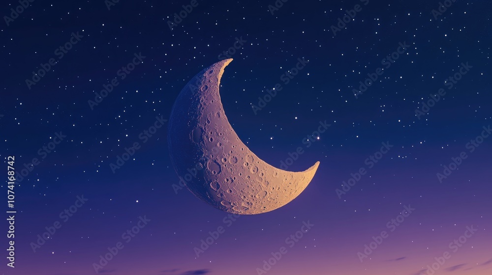 Poster close up view of a half moon during twilight on a clear summer night rendered in 3d cartoon style
