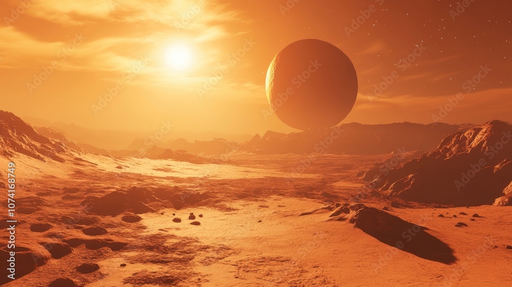 Poster 3D rendering of a space scene featuring a red planet during sunset