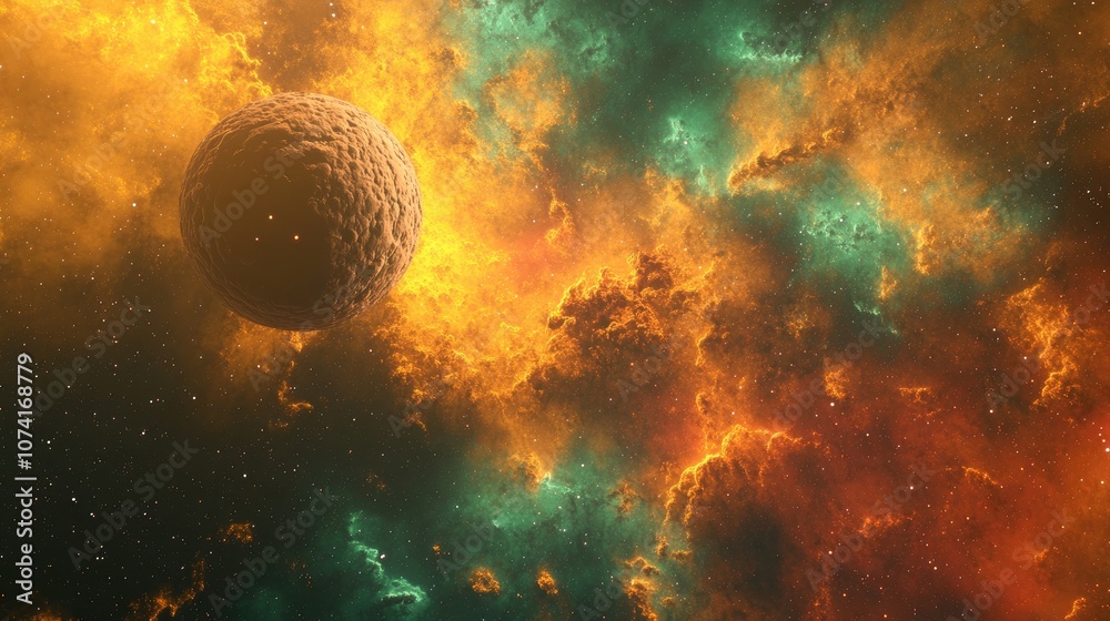 Poster colorful fractal nebula with planet in a 3d cartoon space background