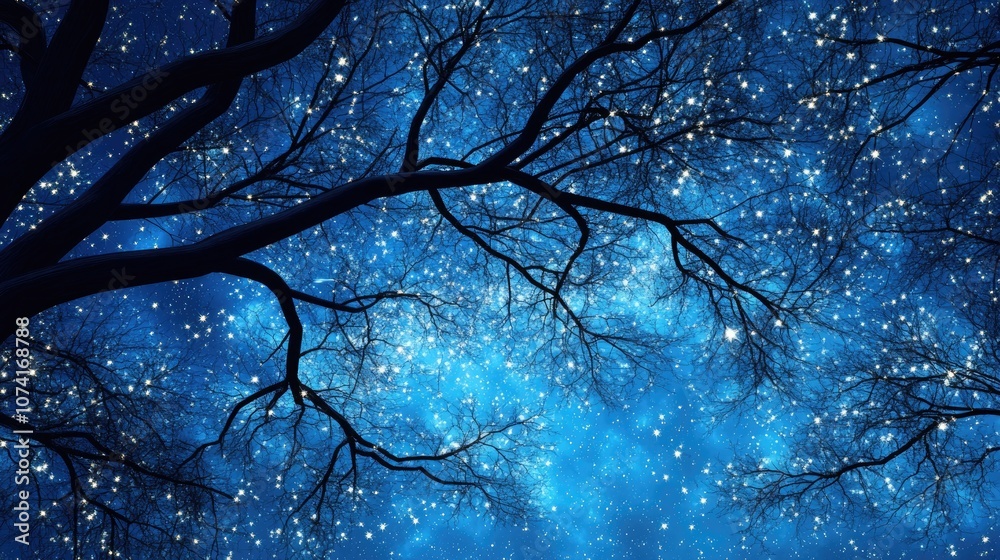 Poster starry sky over tree branches in 3d cartoon rendering