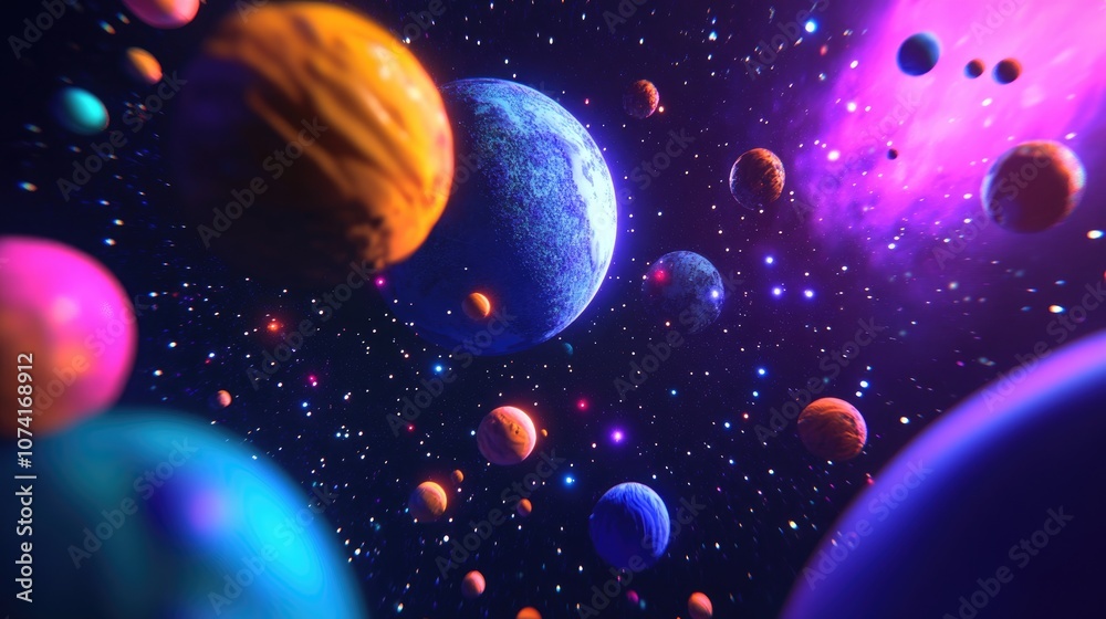 Poster stars of a planet and galaxy in free space depicted in a 3d cartoon rendering