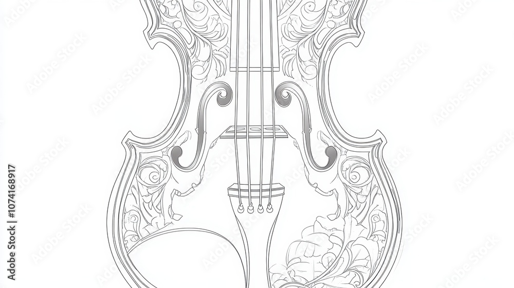 Fototapete realistic line art of a violin, each string and curve drawn with precision on white